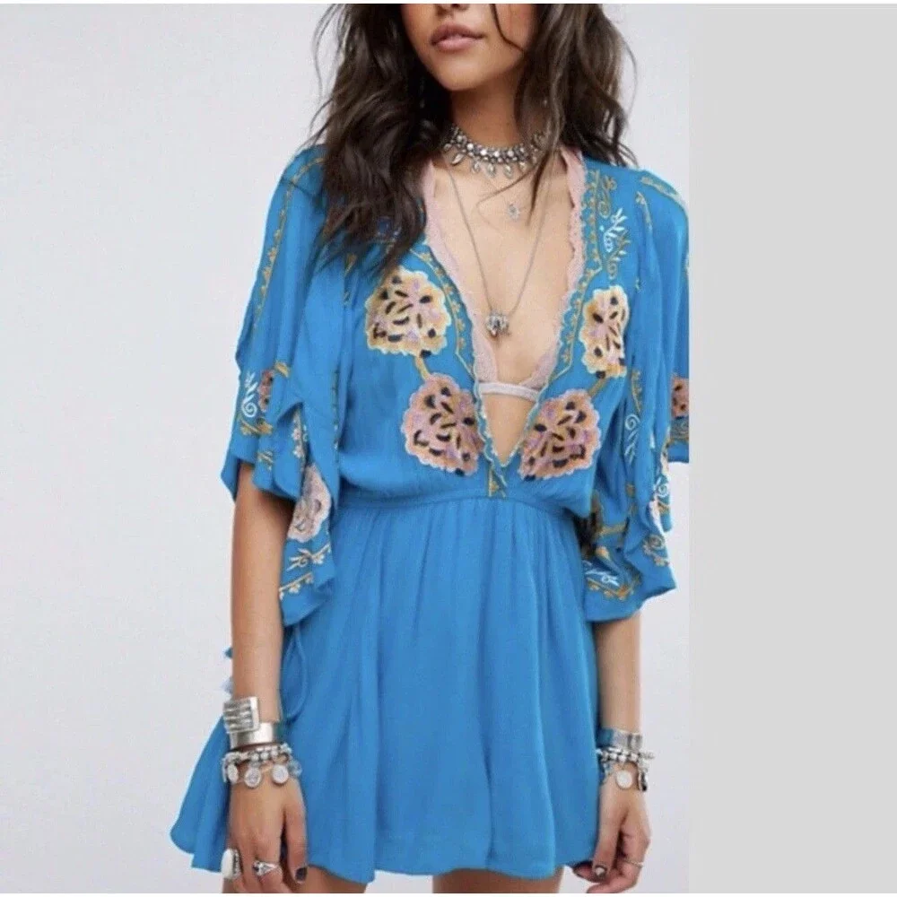 Free People Mini Dress Size S/P Embroidered Tie Waist Boho Blue Viscose OB600169